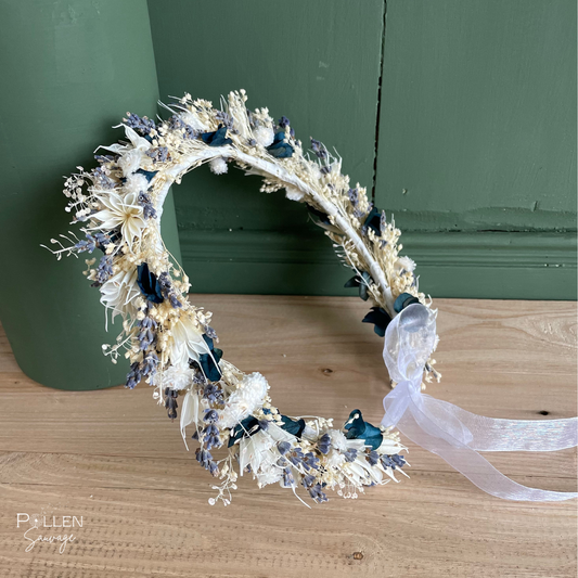 Couronne de tête en fleurs séchées - bleu