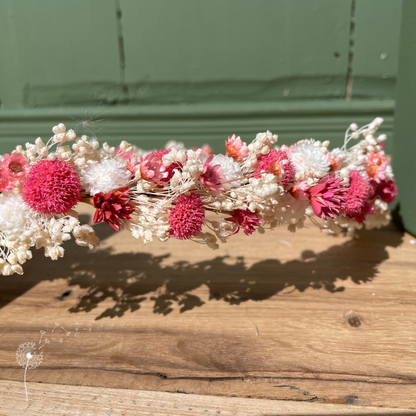 Couronne de tête en fleurs séchées - rose & blanc