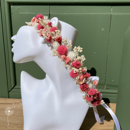 Couronne de tête en fleurs séchées - rose & blanc